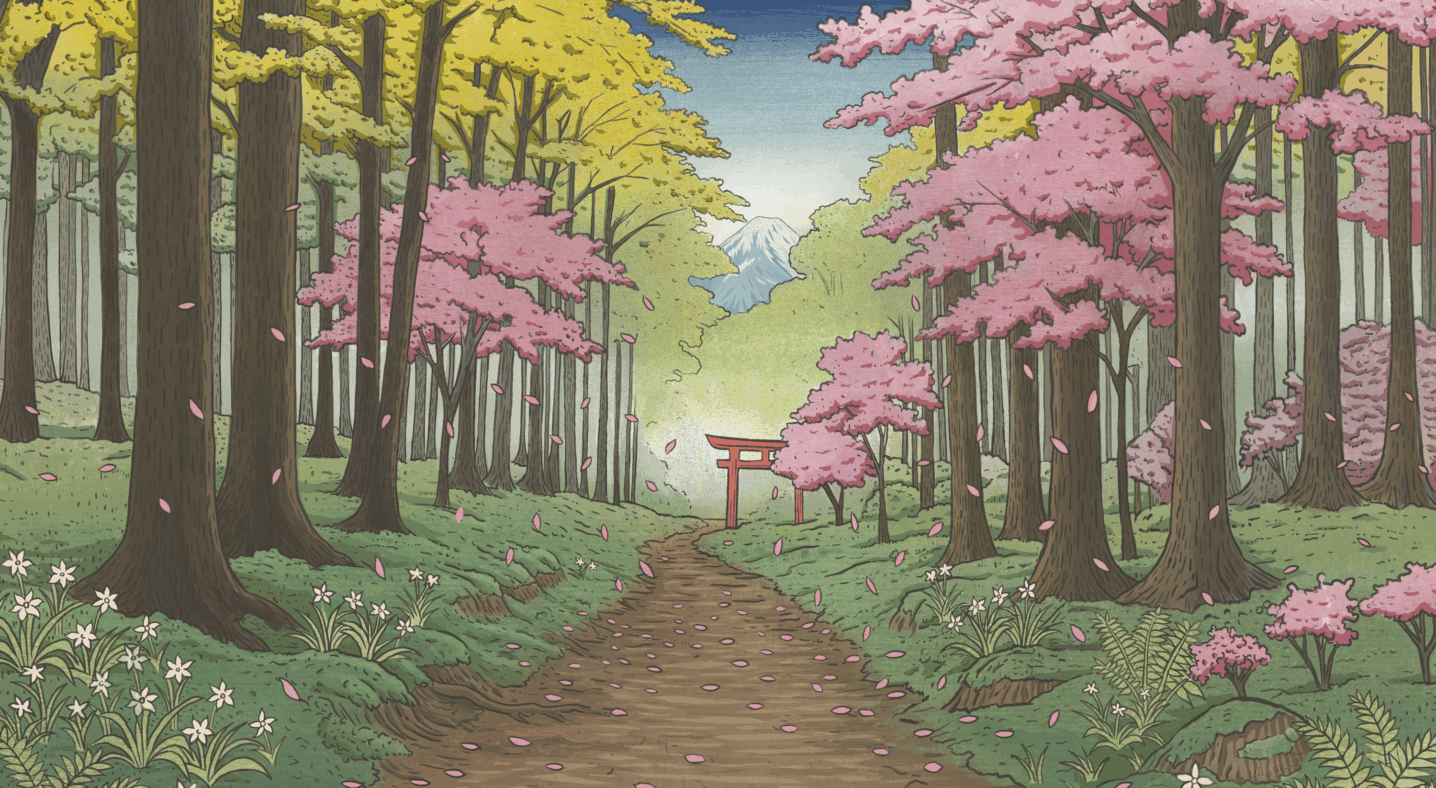 Illustration of a dirt path leading through a colorful spring forest with pink cherry blossoms and yellow trees, toward a red torii gate and a snowy mountain peak.