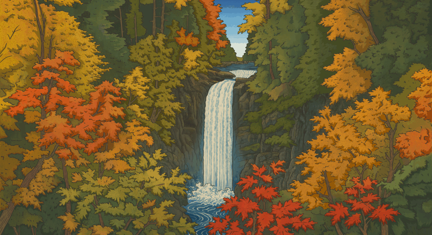 Illustration of a tall waterfall surrounded by dense autumn foliage in shades of orange, yellow, and red, cascading into a blue pool below under a clear sky.