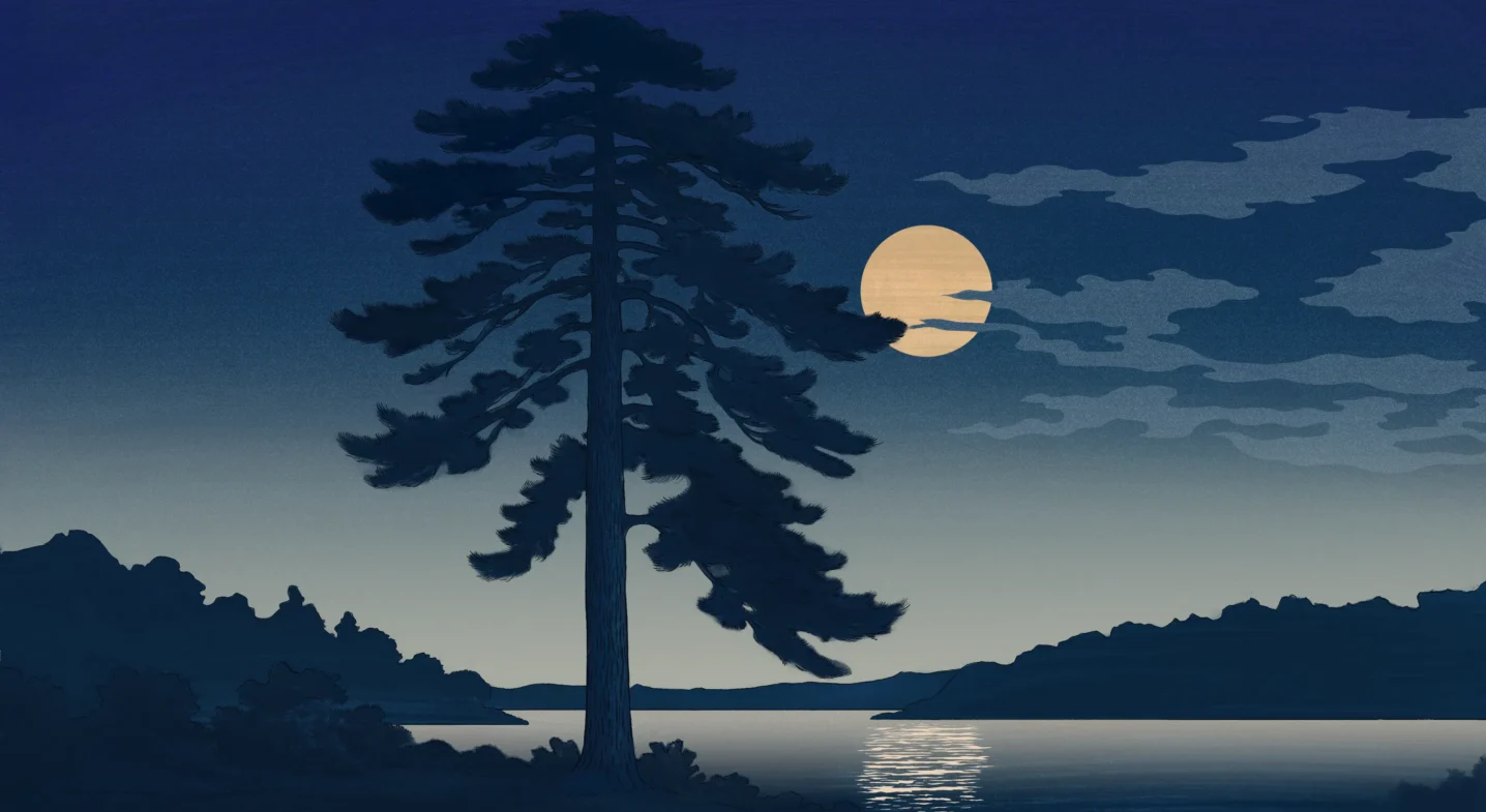 Illustration of a solitary pine tree silhouetted against a night sky with a full moon over a lake.