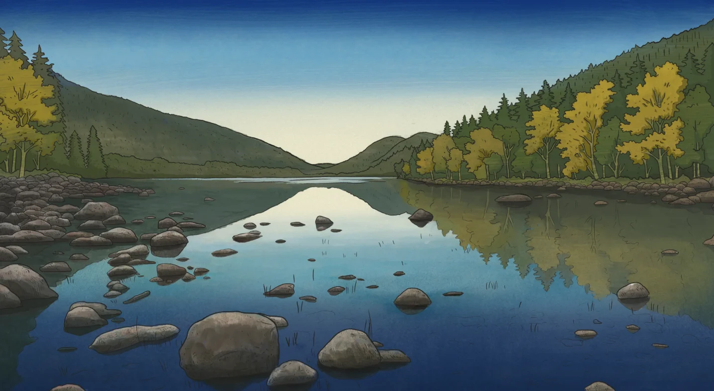 Illustration of a calm lake with scattered rocks in the foreground, reflecting green forested hills and a blue sky in the background.