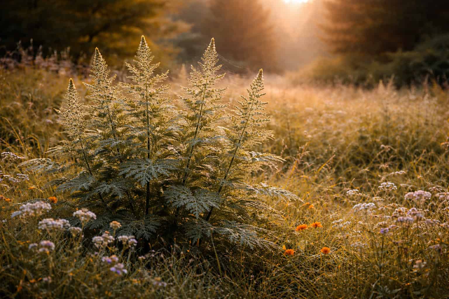 Mugwort plant growing in a sunlit meadow at golden hour — the herb used in moxibustion therapy.