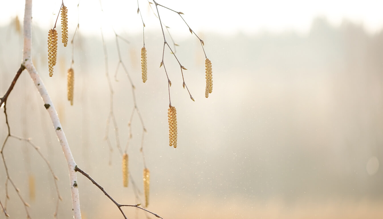 Birch catkins releasing pollen in early spring Maine morning light — True to Life Wellness acupuncture for seasonal allergies Freeport Maine