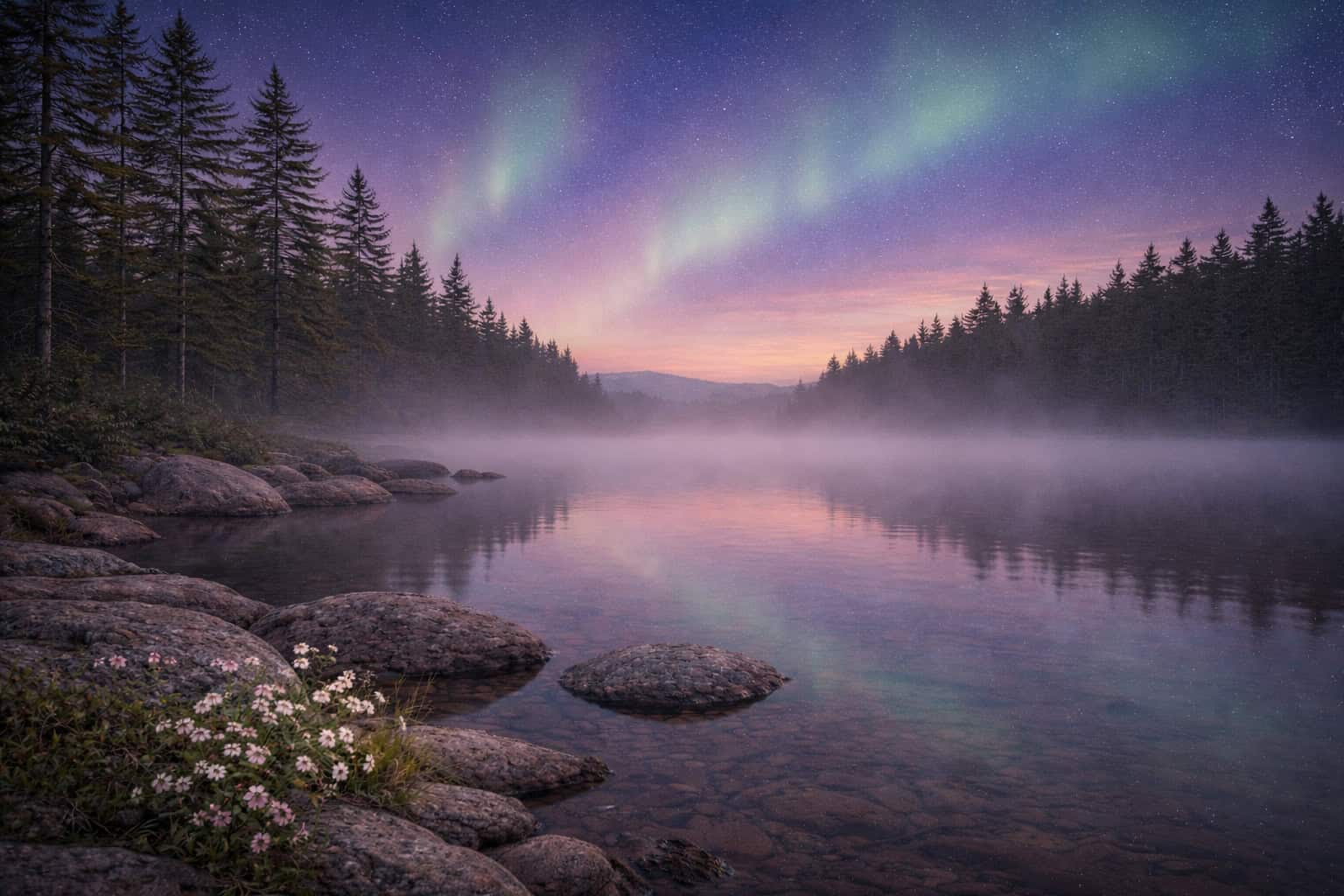 Misty lake at dusk with aurora borealis reflected in still water, acupuncture for migraines and chronic headaches Freeport Maine