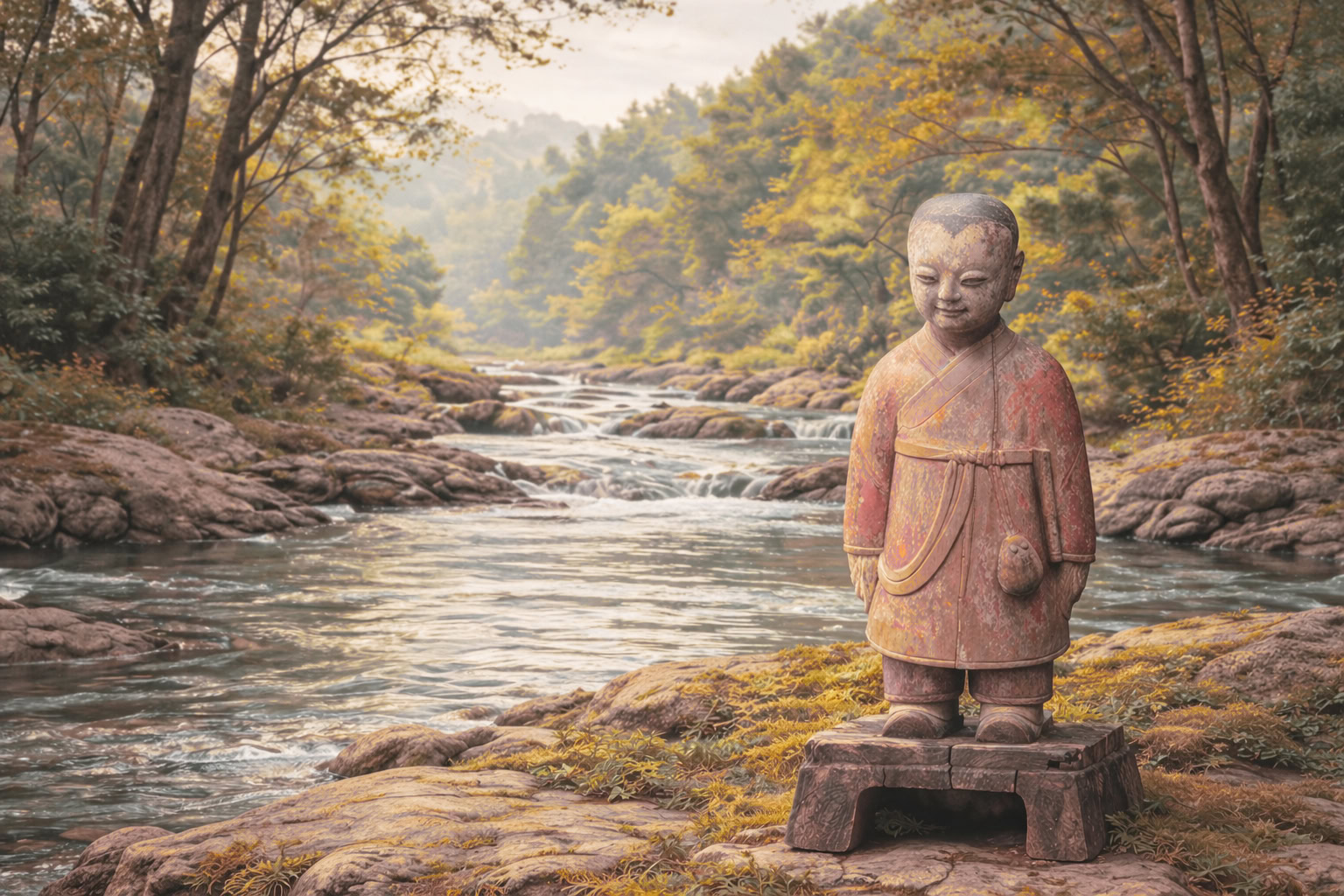 Ancient figure of a Buddhist monk beside a forest river, evoking the monastic origins of Saam acupuncture — True to Life Wellness, Freeport, Maine