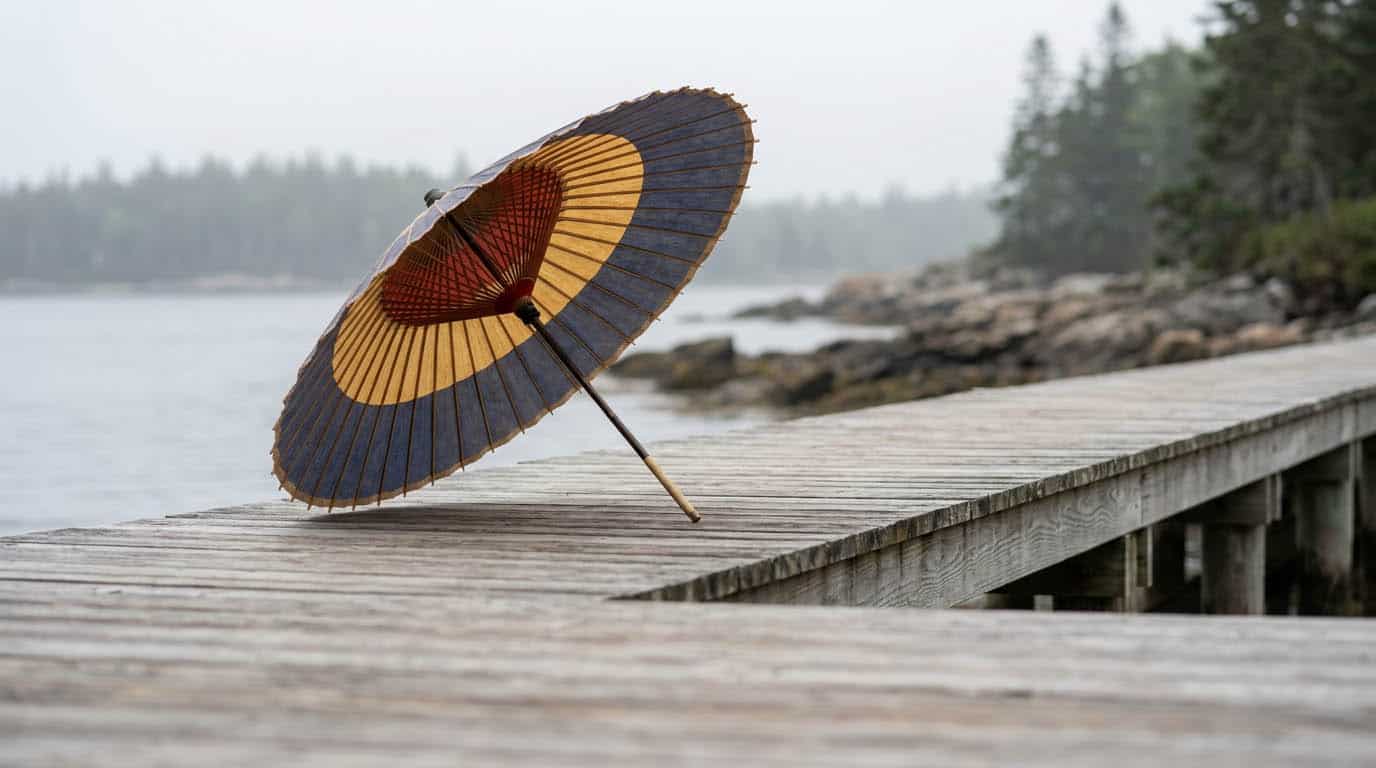 Traditional Japanese paper umbrella (wagasa) open on a wooden dock in coastal Maine, representing the many modalities within Chinese medicine — True to Life Wellness, Freeport, Maine