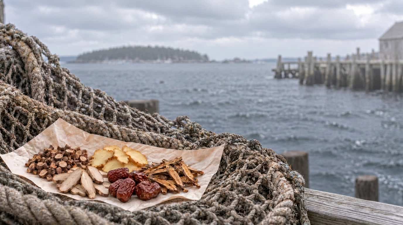 Chinese herbal formula ingredients, including cinnamon twig, licorice root, and jujube dates, resting on weathered fishing net rope, coastal Maine