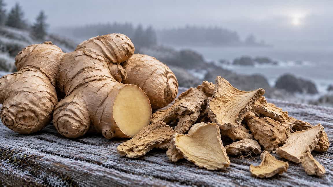 Fresh ginger root, sliced open, next to dried ginger slices on weathered wood, with a frosty coastal Maine shoreline in the background, representing Sheng Jiang and Gan Jiang in Chinese herbal medicine.